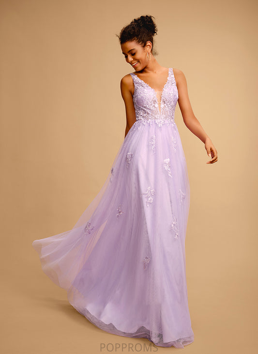 Lace Ball-Gown/Princess Floor-Length Tulle With V-neck Vicky Prom Dresses