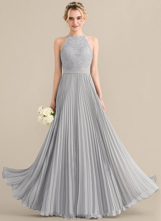 Floor-Length With Chiffon Lace Lillian A-Line Scoop Prom Dresses Pleated