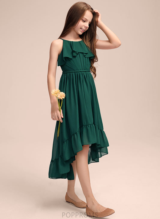 With Ruffles Cascading A-Line Asymmetrical Cristina Junior Bridesmaid Dresses Chiffon Scoop Neck