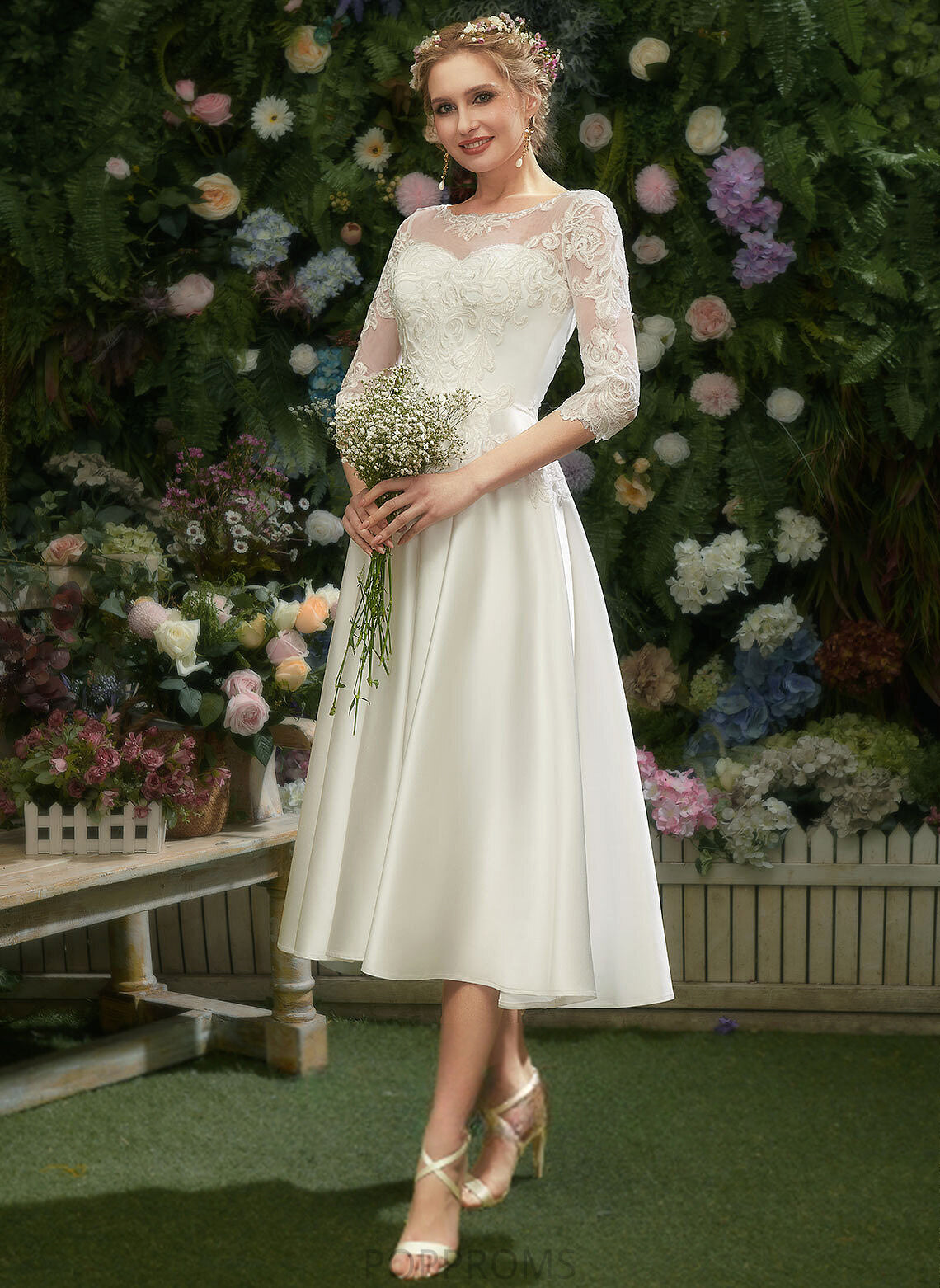 A-Line Wedding Maud Lace Wedding Dresses Tea-Length Illusion Satin Dress