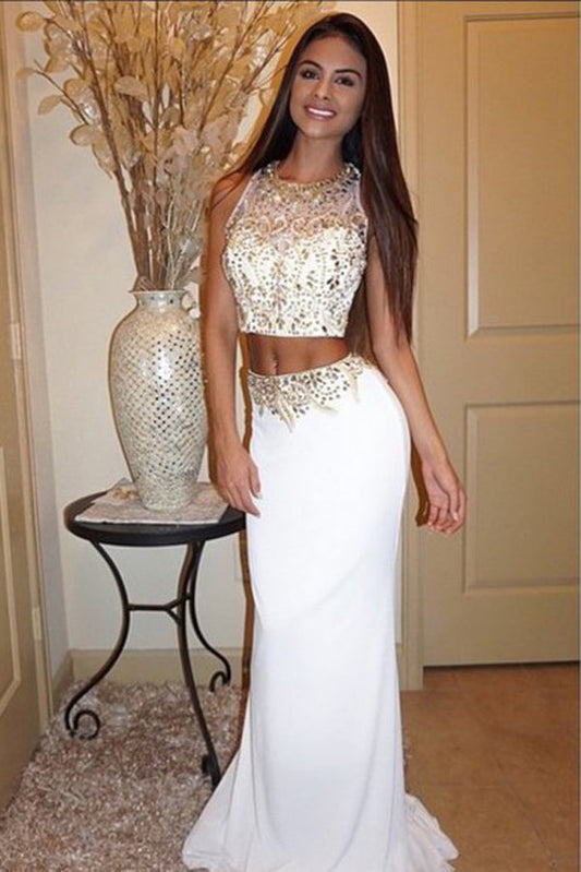 White Two Piece Sheath Brush Train Sleeveless Beading Prom Dresses