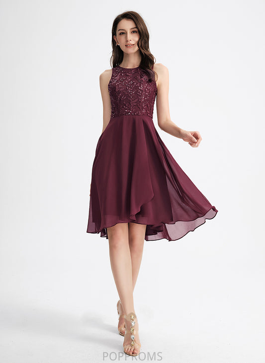 Cocktail Dresses Lace Scoop Sequins Asymmetrical Chiffon Neck Dress A-Line Cocktail Greta With