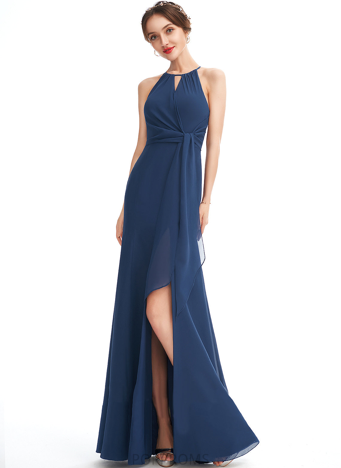 SplitFront Floor-Length Embellishment Halter Fabric Ruffle A-Line Silhouette Length Neckline Aliya Floor Length Bridesmaid Dresses