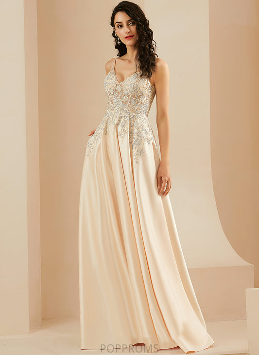 Katie A-Line Floor-Length Prom Dresses V-neck Satin Lace