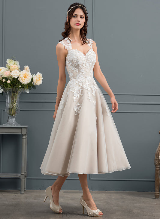 Yadira Tulle Sweetheart Tea-Length Wedding Dresses Wedding Sequins With Ball-Gown/Princess Dress