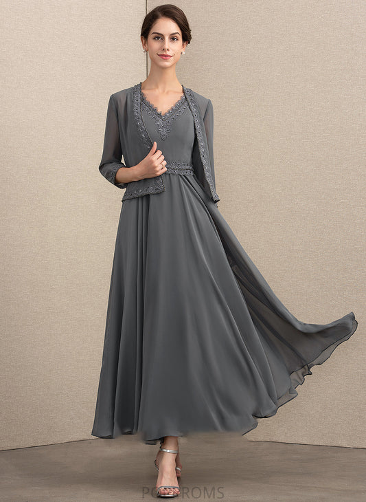 the A-Line V-neck Mother of the Bride Dresses Ankle-Length Bride With Beading Chiffon of Dress Sequins Jazlyn Mother