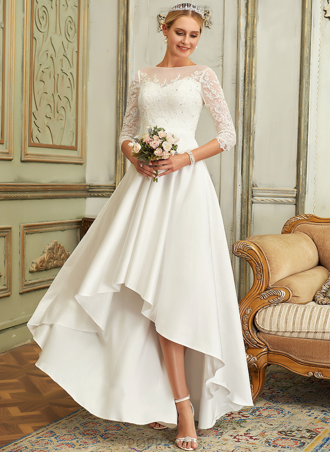 Satin Neck Wedding Laila Wedding Dresses A-Line Asymmetrical Dress Lace Scoop