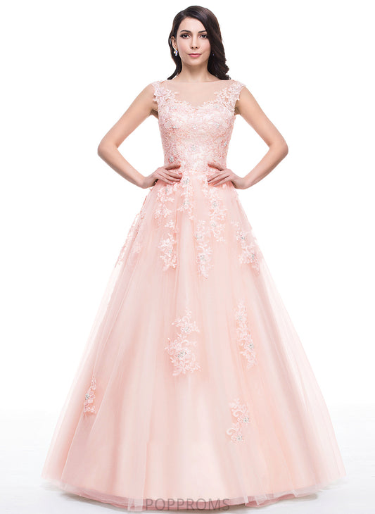 Ball-Gown/Princess Lace Prom Dresses Appliques Sequins Floor-Length Neck Beading Alma With Tulle Scoop