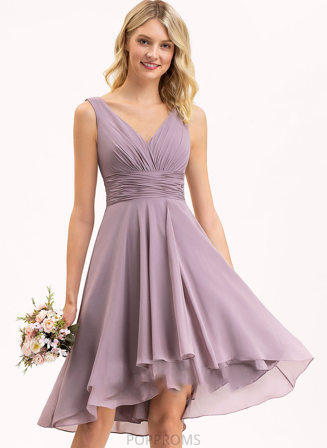 Neckline Silhouette Length V-neck A-Line Asymmetrical Ruffle Fabric Embellishment Frederica Sleeveless A-Line/Princess Bridesmaid Dresses