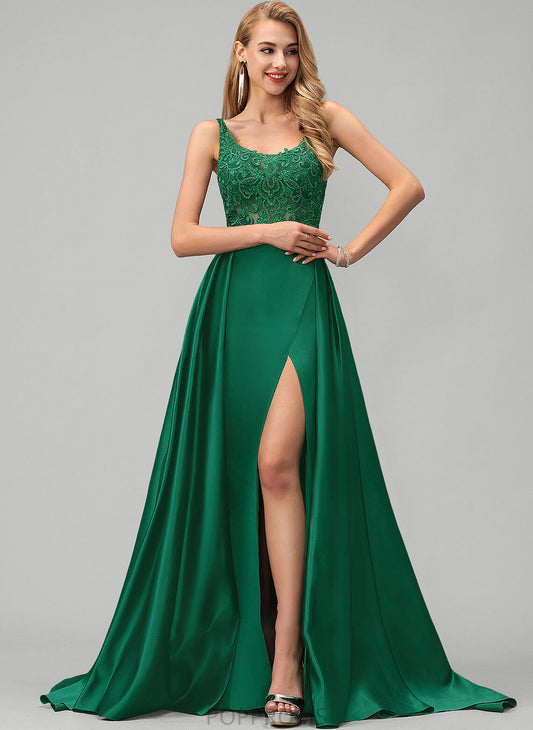 Neckline Prom Dresses Lace Front Sequins Split Celeste With Satin A-Line Train Square Sweep