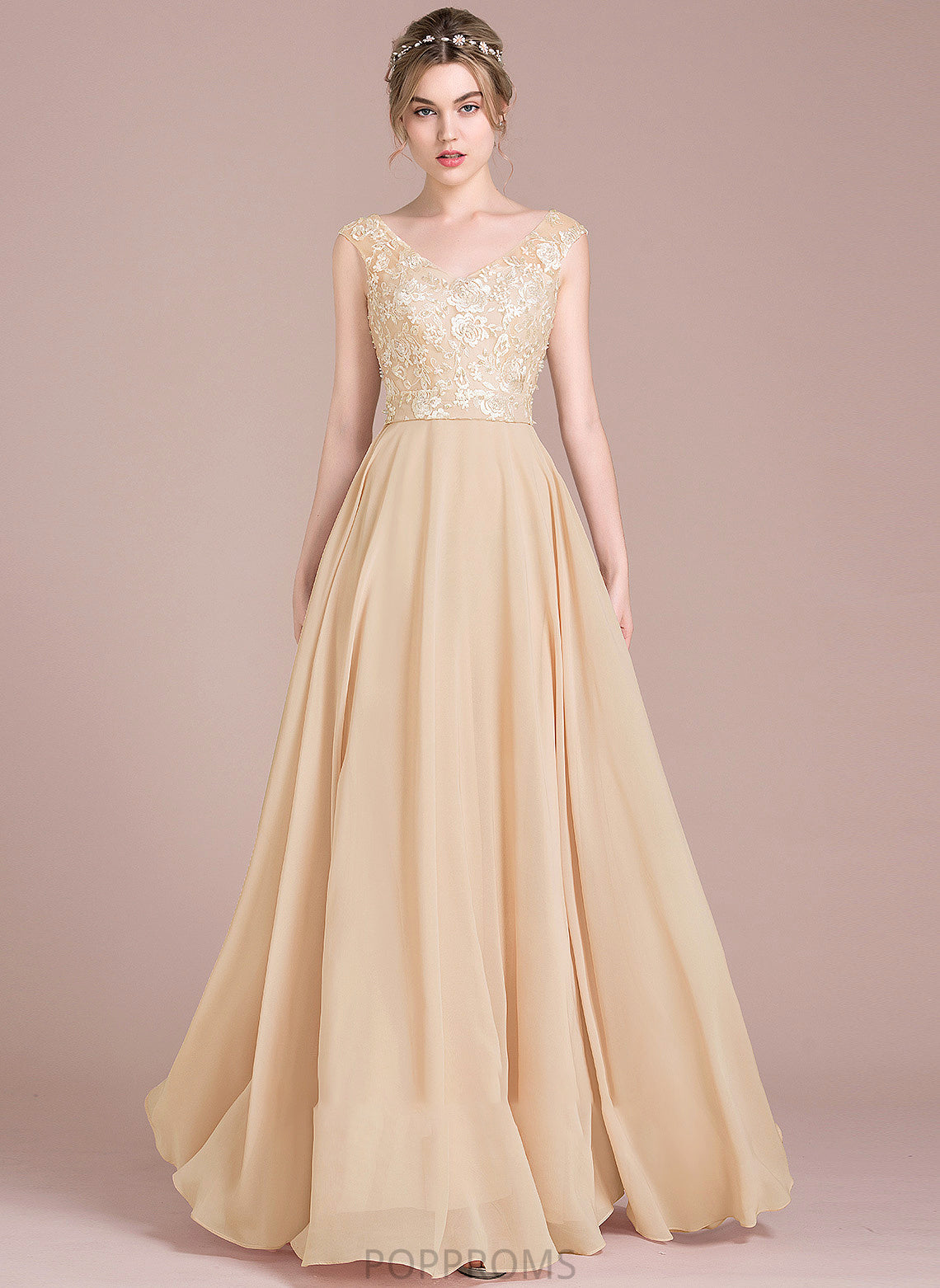 A-Line Floor-Length Lace Prom Dresses Chiffon V-neck Iliana