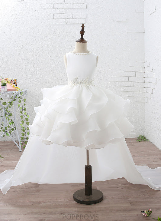 Train Flower Girl Dresses Scoop Court Organza/Satin With Ruffles/Beading/Appliques - Flower Ball-Gown/Princess Sleeveless Dress Aimee Neck Girl