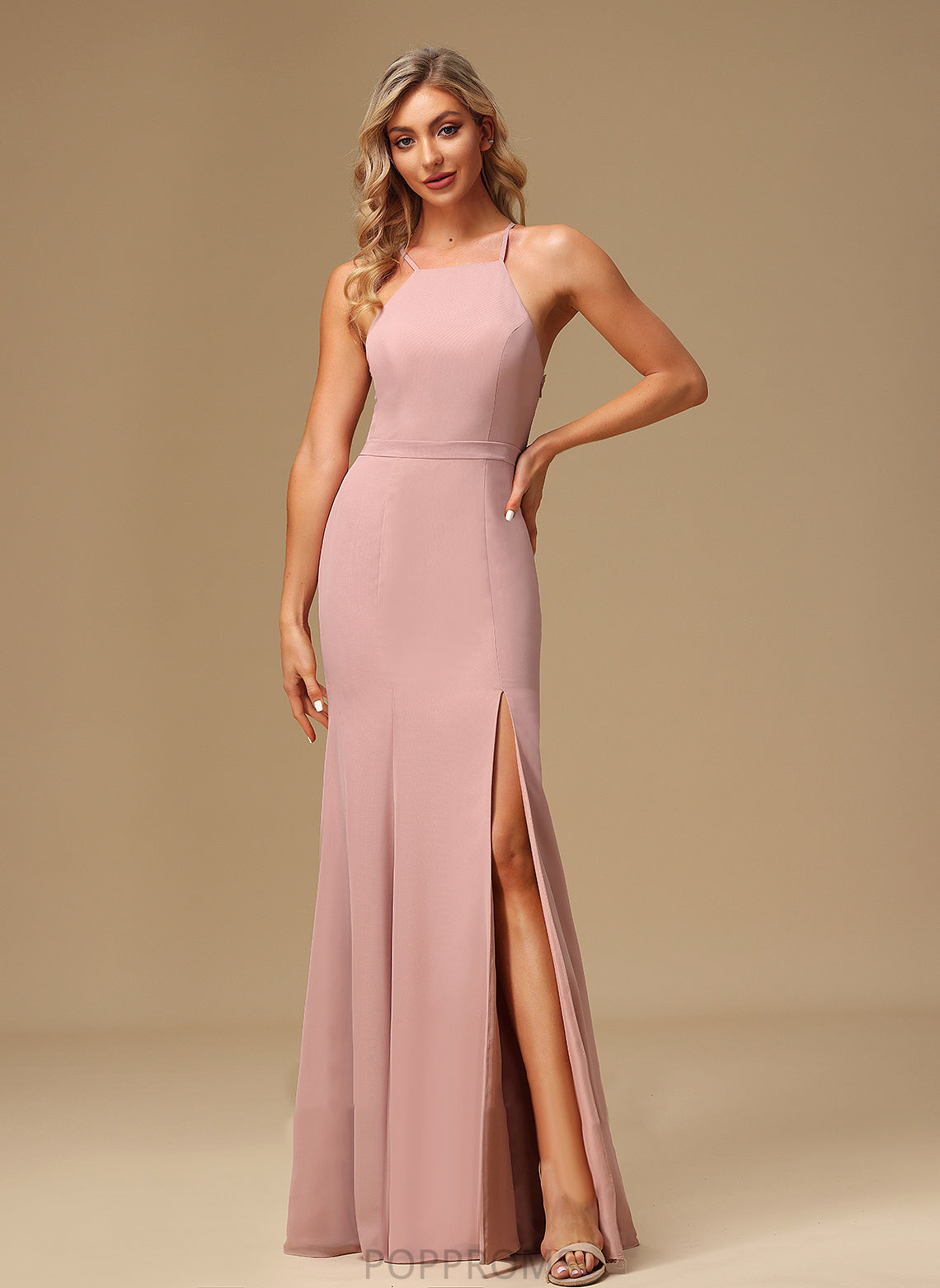 Silhouette Neckline A-Line Embellishment Lace HighNeck Fabric SplitFront Floor-Length Length Myah Spaghetti Staps Bridesmaid Dresses