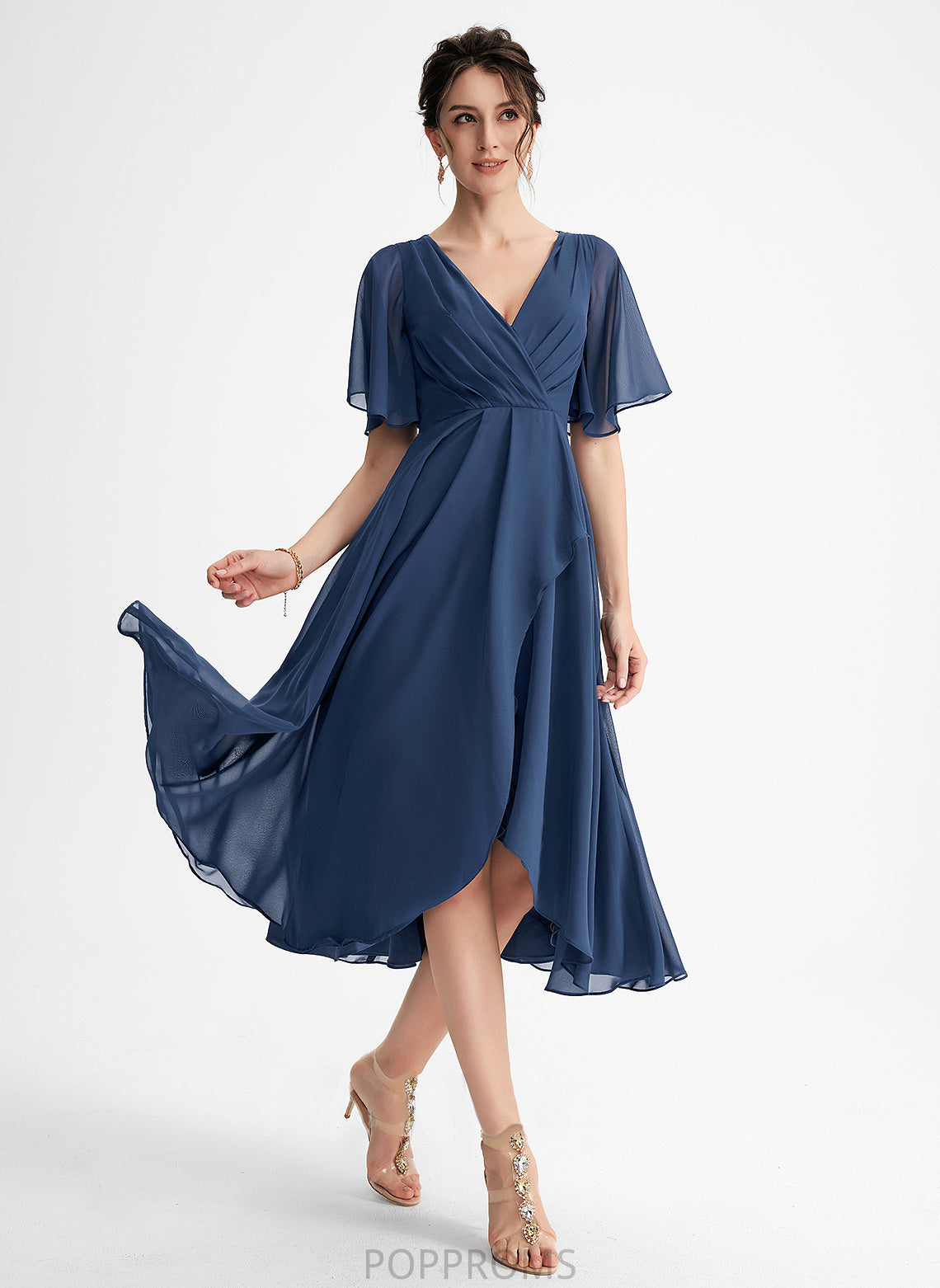 Kamora Chiffon V-neck Cocktail Dresses A-Line With Ruffle Dress Cocktail Asymmetrical