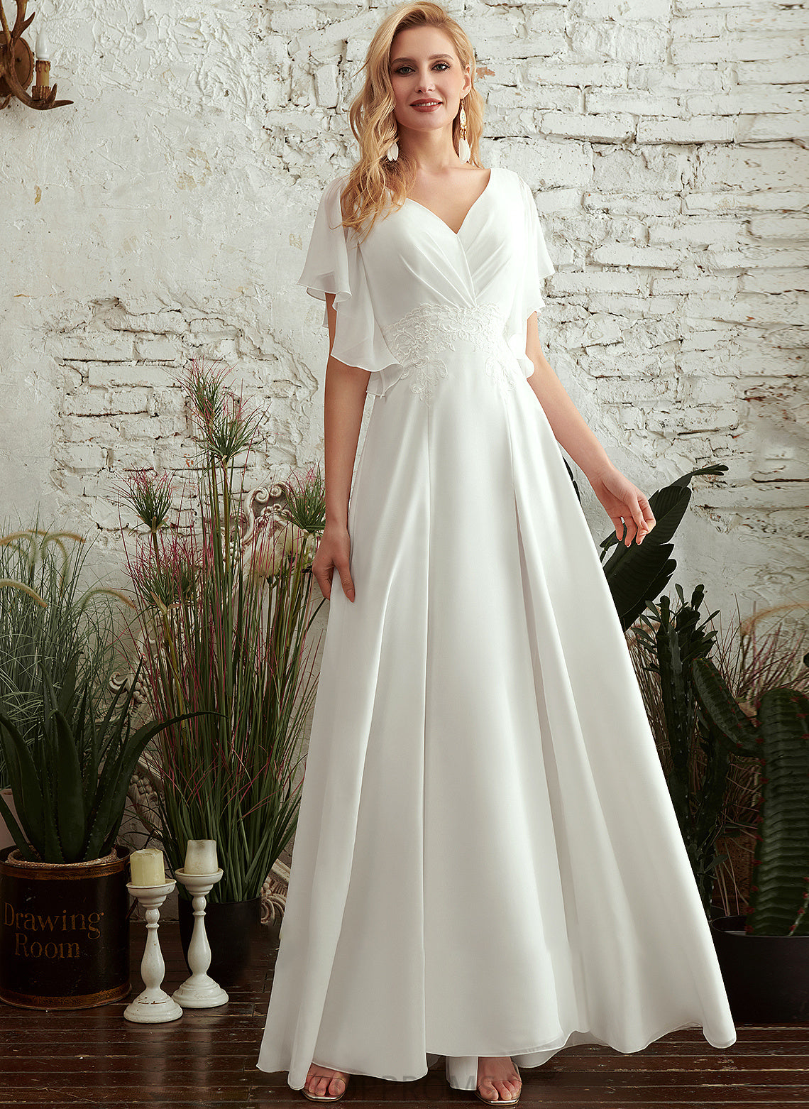 Front Floor-Length Wedding Dress A-Line V-neck Ximena Split Wedding Dresses Lace With