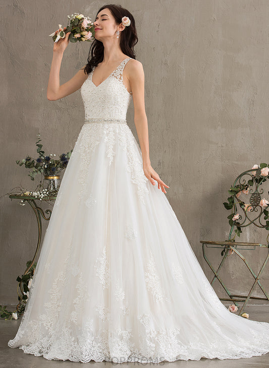 Wedding Train Dress Wedding Dresses With Ball-Gown/Princess V-neck Tulle Court Sequins Beading Charlie