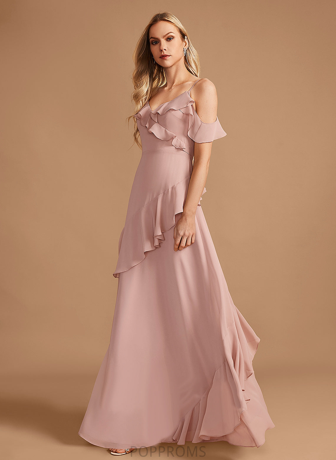 Floor-Length Ruffle Silhouette Length A-Line Embellishment Neckline Fabric V-neck Melody V-Neck Natural Waist Bridesmaid Dresses