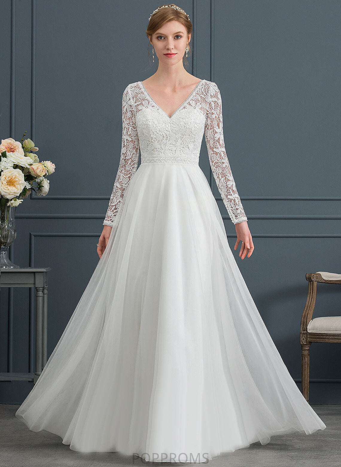 Lace Tulle Amya A-Line Wedding V-neck Floor-Length Dress Wedding Dresses