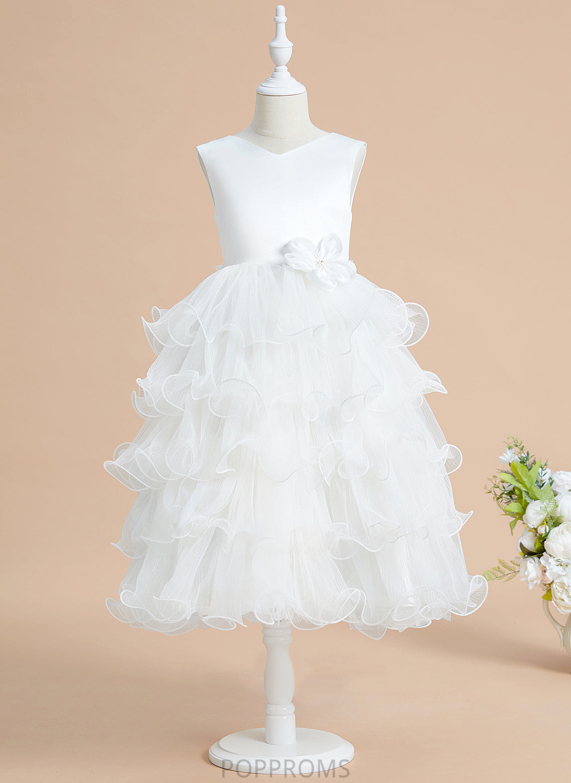 Flower Tea-length Girl Kira With Ball-Gown/Princess Dress V-neck Sleeveless - Flower Girl Dresses Bow(s) Satin/Tulle