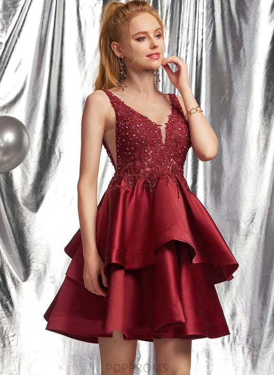 Satin Short/Mini Homecoming Lace V-neck Miriam Dress Homecoming Dresses Beading With A-Line Sequins