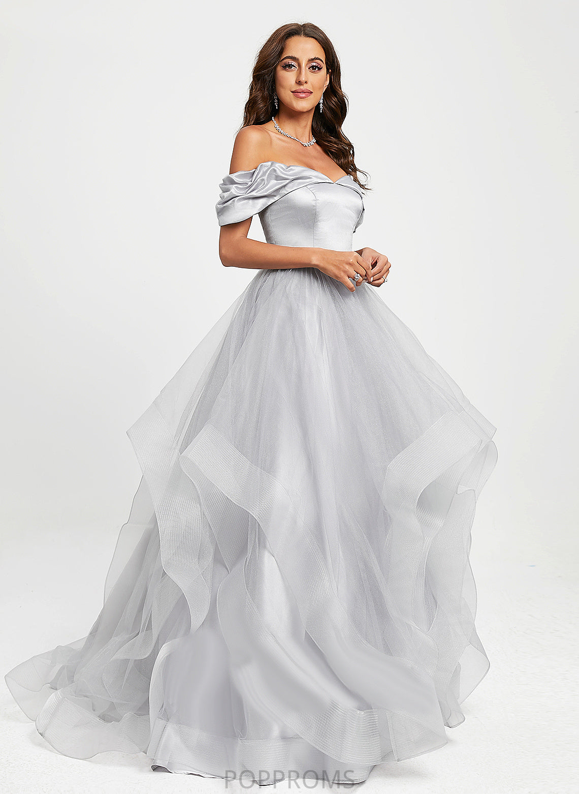 Train Satin Prom Dresses Winifred Off-the-Shoulder Tulle Ball-Gown/Princess Sweep