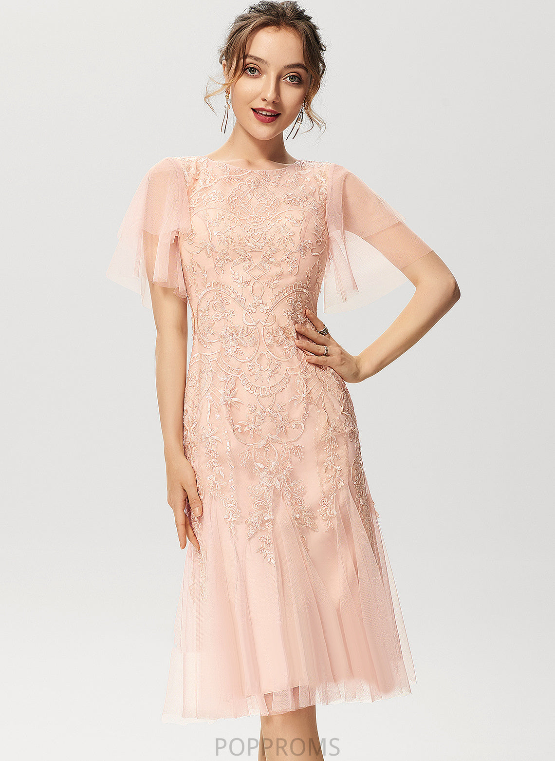 Lace Neck Knee-Length Dress Cocktail Dresses Scoop Cocktail Sequins With Trumpet/Mermaid Mariana Tulle