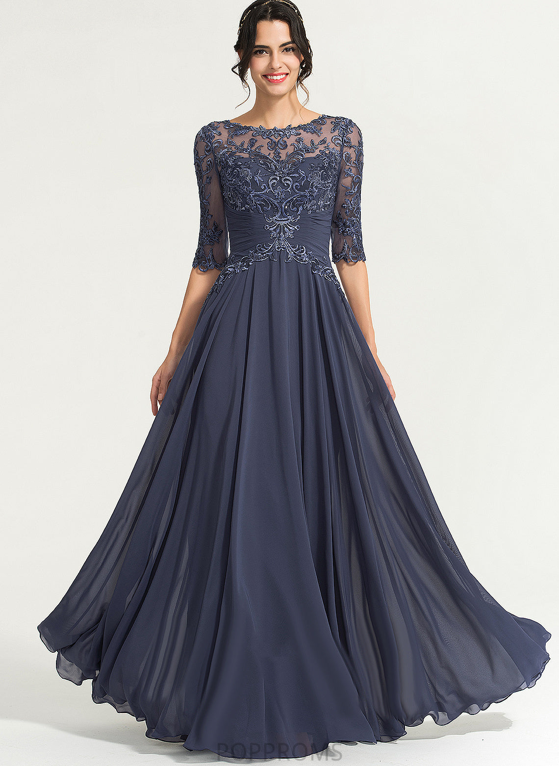 Pleated Scoop Prom Dresses Floor-Length Illusion Chiffon Guadalupe Lace A-Line Sequins With