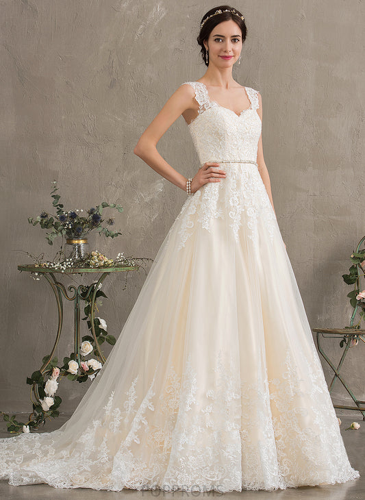 Ball-Gown/Princess Wedding Dress Arielle Train Lace Tulle Wedding Dresses Beading Sweetheart With Sequins Court