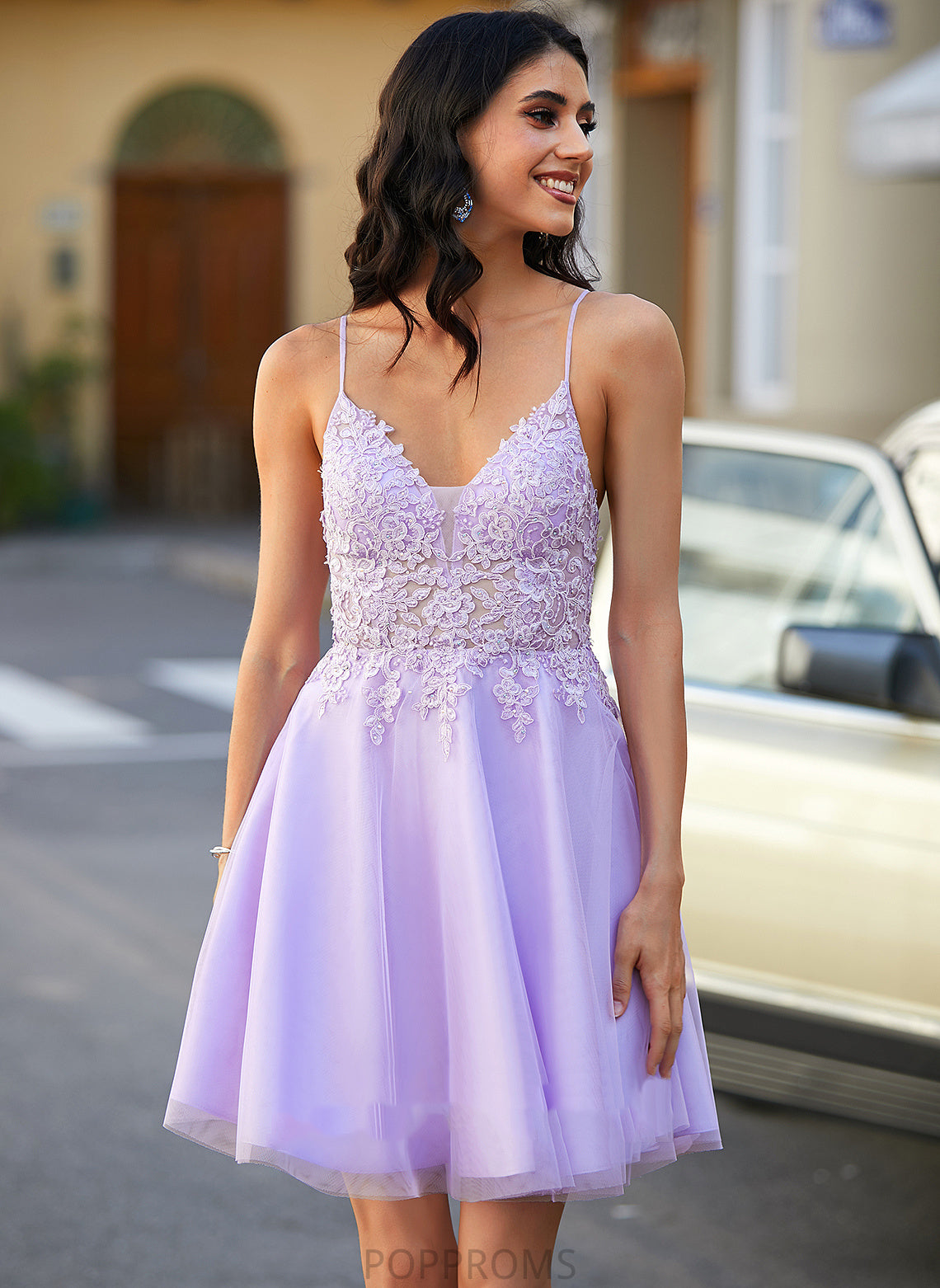 Lace Cindy Beading Dress Homecoming Short/Mini A-Line With Tulle Homecoming Dresses V-neck