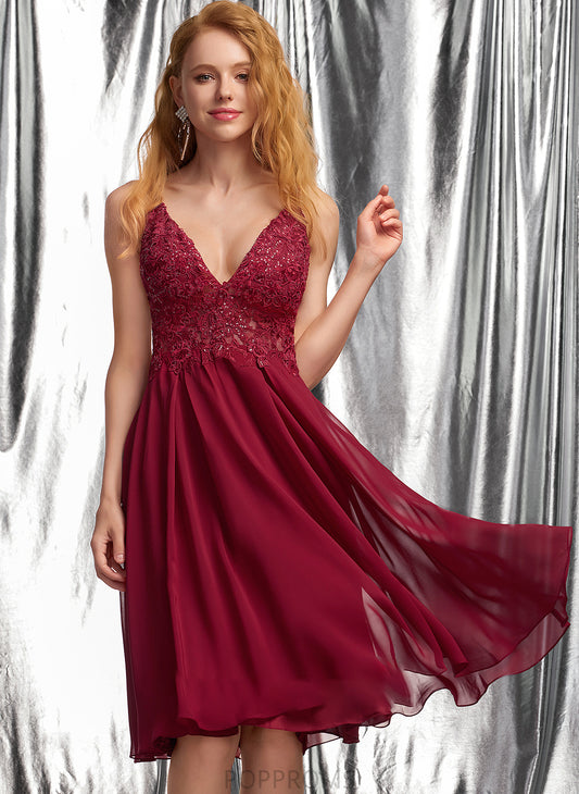 With Sequins Chiffon A-Line Prom Dresses Knee-Length Caitlin V-neck