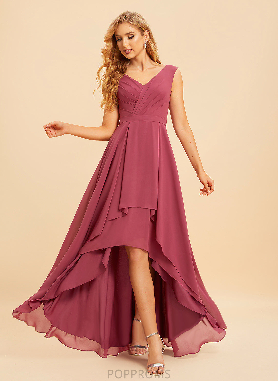 Neckline Ruffle A-Line Fabric Silhouette Embellishment V-neck Length Asymmetrical Kaia Natural Waist Spaghetti Staps Bridesmaid Dresses