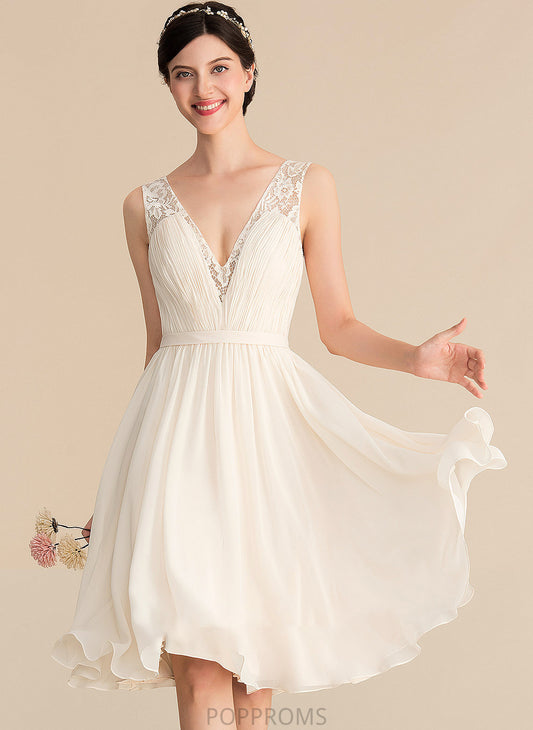 With Wedding Dresses Wedding A-Line Lace Chiffon Kenna Ruffle Knee-Length Dress V-neck