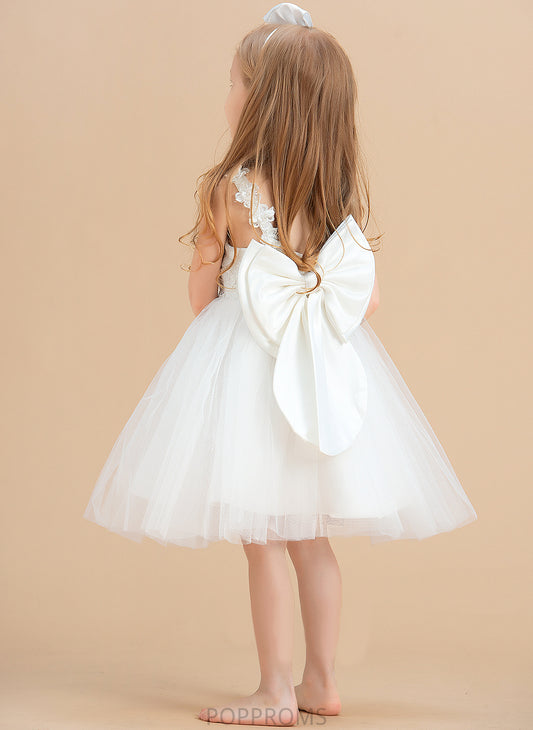 Girl Knee-length Dress With Sleeveless - Emery Back Flower Satin/Tulle/Lace A-Line Flower Girl Dresses Neck Scoop Flower(s)/V