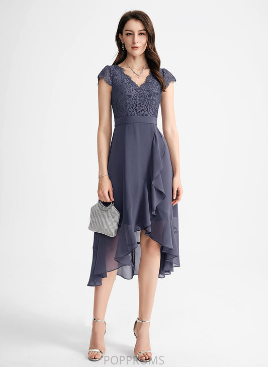 A-Line Ruffles Asymmetrical Cocktail Cocktail Dresses Lace Cascading With Dress Chiffon Louise V-neck