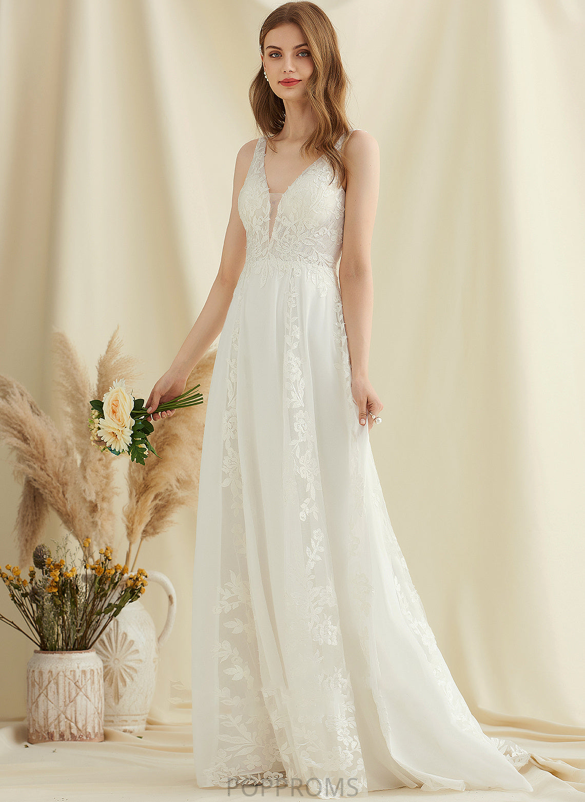 Wedding Lace V-neck With Sweep Dress Chiffon Wedding Dresses A-Line Sequins Jazmin Train