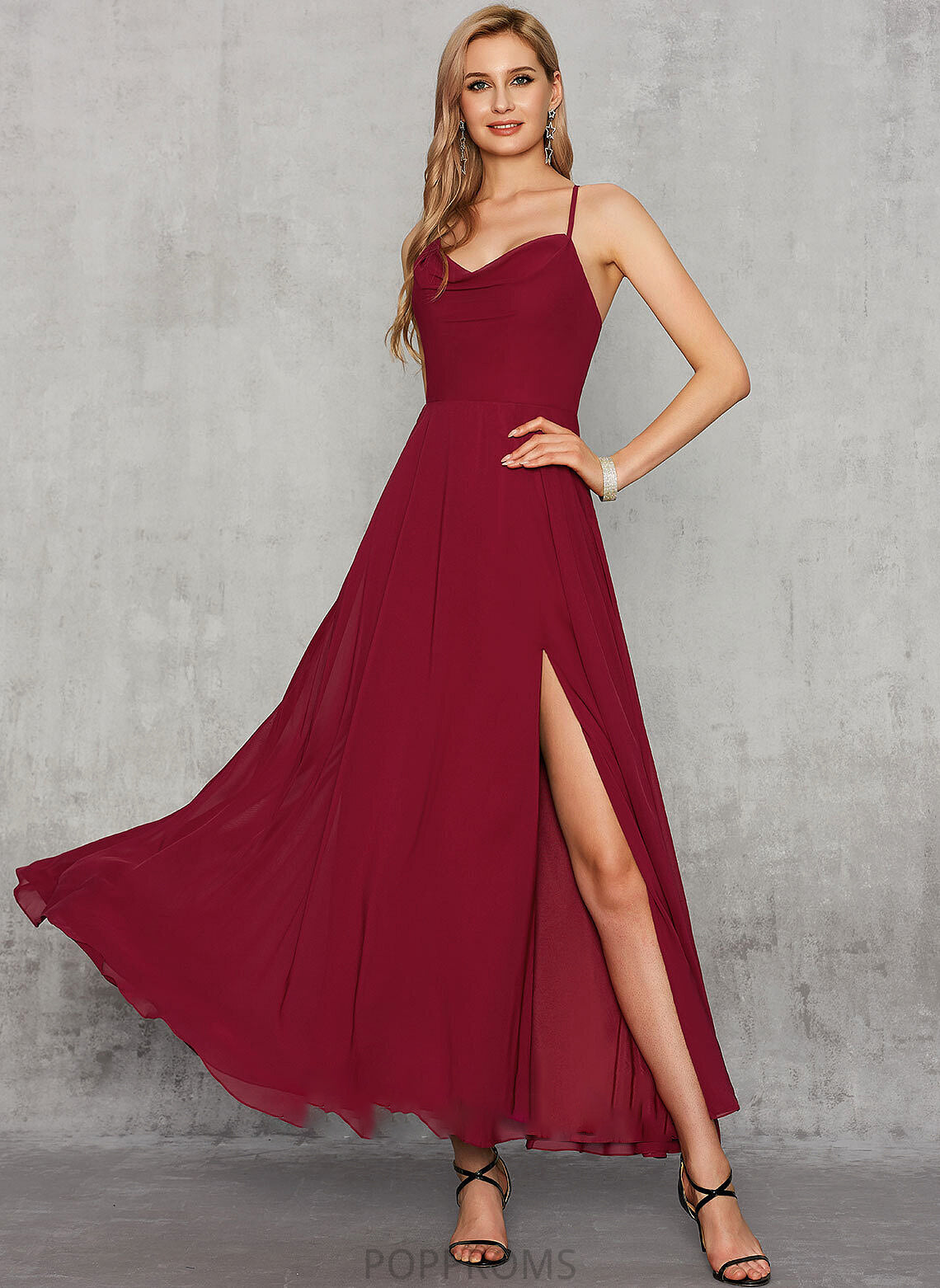 V-neck Prom Dresses Front Suzanne With Chiffon A-Line Split Ankle-Length