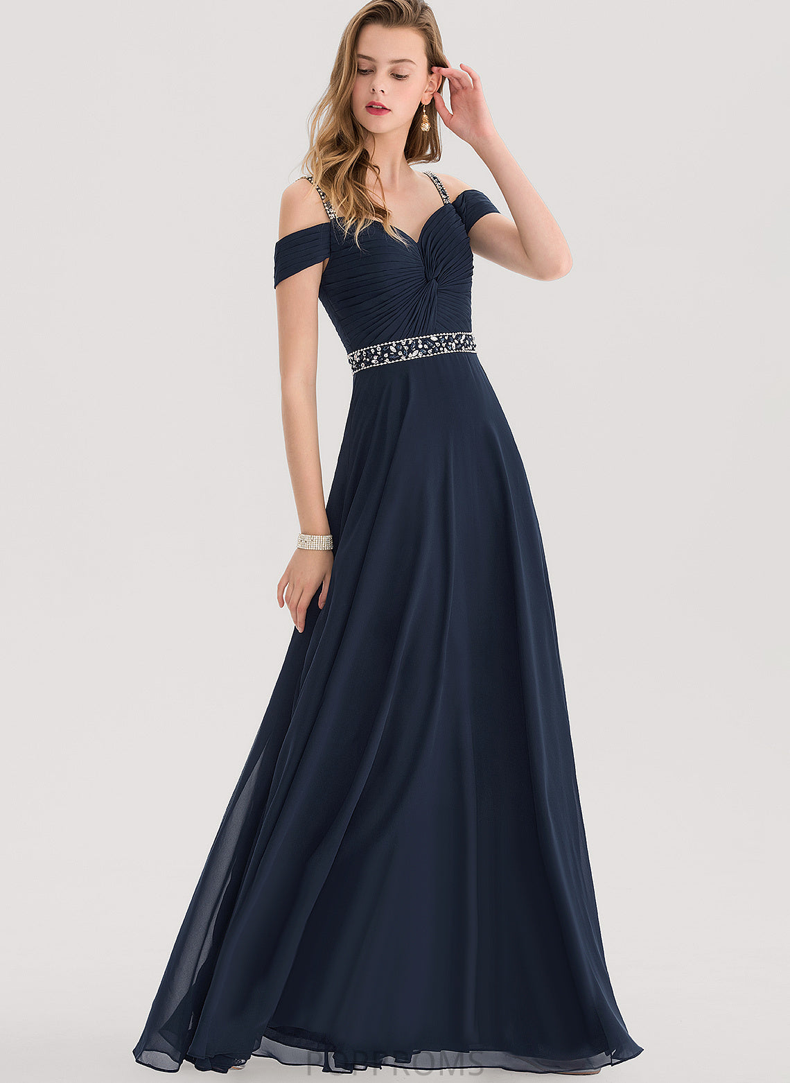 Shoulder Floor-Length Prom Dresses Beading Pleated Chiffon With Sequins Cold Isabel V-neck A-Line