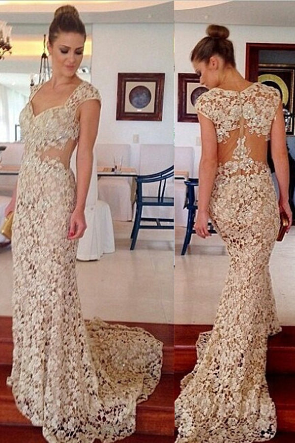 Ivory Sheath Sweep Train Sweetheart Capped Sleeve Lace Beading Prom Dresses