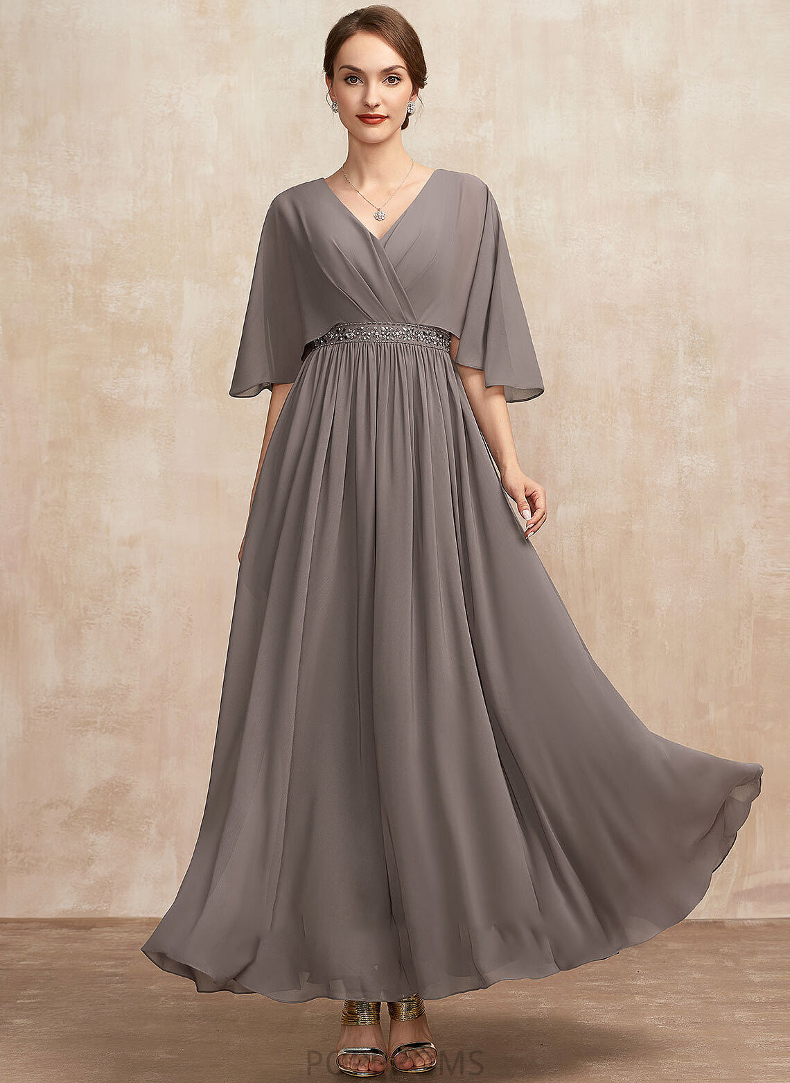 Dress A-Line the With of Bride Chiffon Mother of the Bride Dresses Ankle-Length V-neck Mother Linda Ruffle Beading