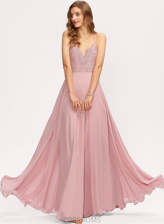 Lace Prom Dresses A-Line Floor-Length Chiffon V-neck Campbell