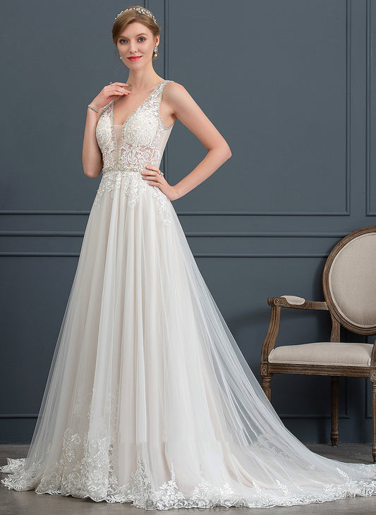 Sequins Ball-Gown/Princess Wedding Dresses Lace Karsyn Dress V-neck With Tulle Wedding Train Court Beading