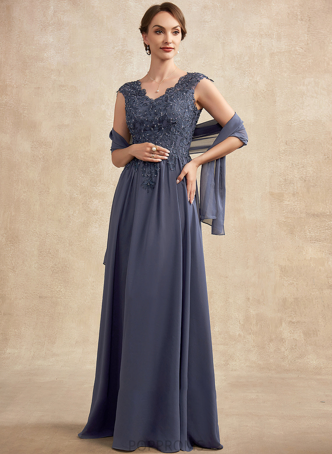 A-Line Beading V-neck Mother of the Bride Dresses of Liana Bride With Mother Floor-Length Chiffon Lace Sequins Dress the