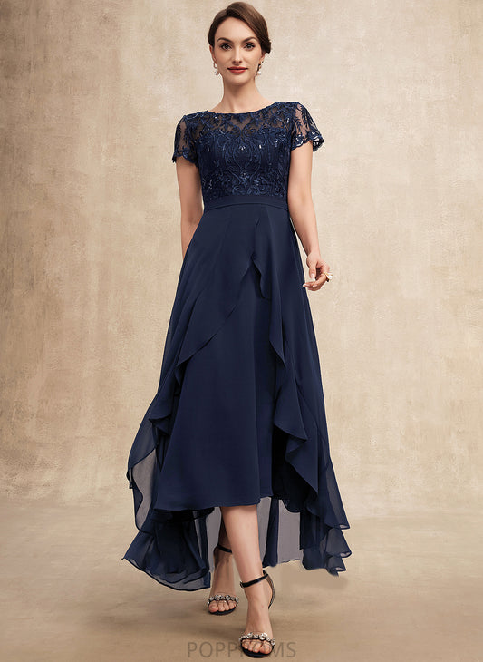 Lace Ruffles Asymmetrical A-Line Mother of the Bride Dresses With Cascading Margaret Bow(s) of Chiffon Mother Sequins Dress Bride Neck the Scoop