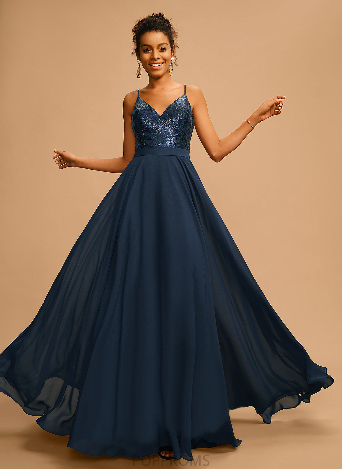 A-Line Izabella Chiffon Floor-Length With Sequined Prom Dresses Sequins V-neck