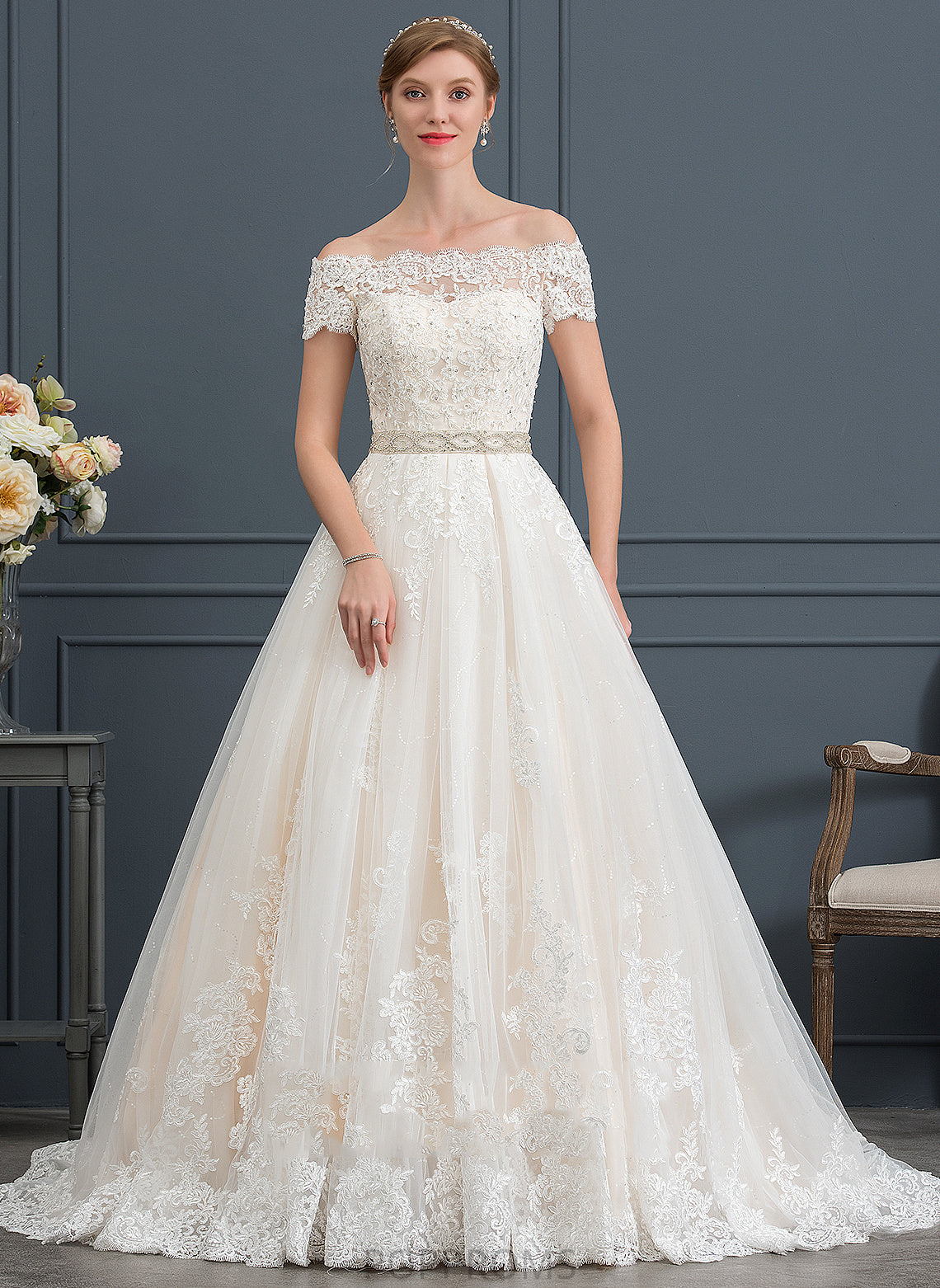 Wedding Dresses Court Tulle Beading Off-the-Shoulder Ball-Gown/Princess Sequins With Dress Train Wedding Terri Lace