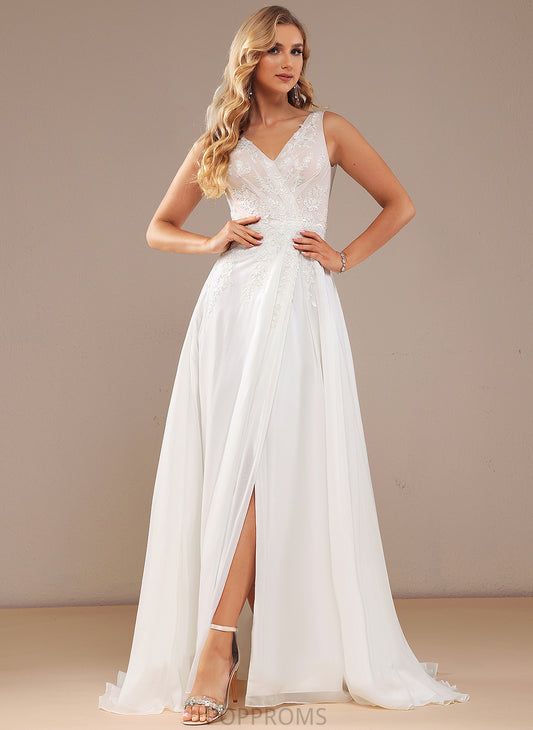 Train A-Line With Lace Sweep Split Dress Lace Wedding Chiffon Wedding Dresses Front Kaydence V-neck Sequins