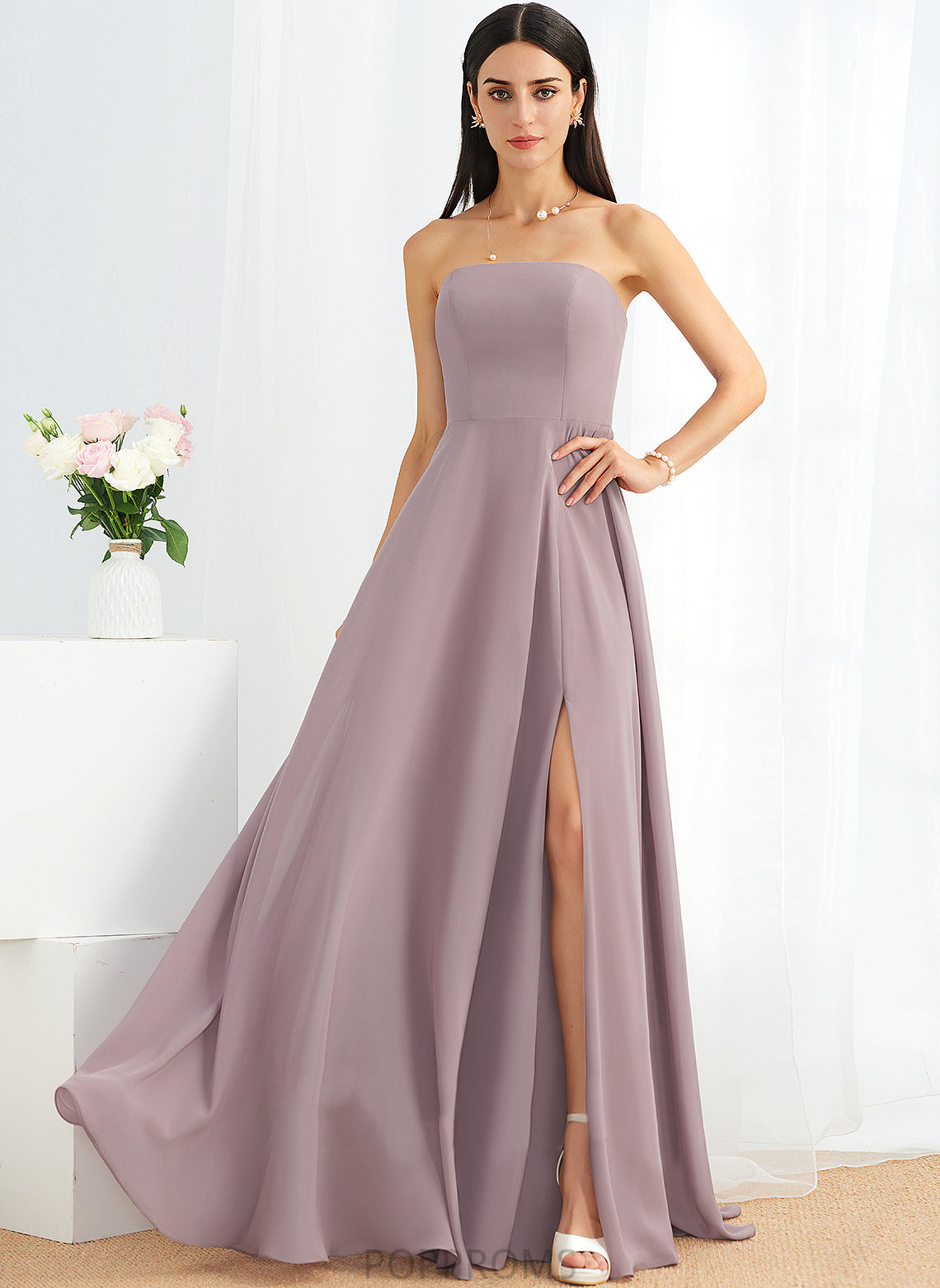 Strapless SplitFront Floor-Length Silhouette Neckline Length A-Line Fabric Embellishment Peyton Natural Waist Floor Length Bridesmaid Dresses