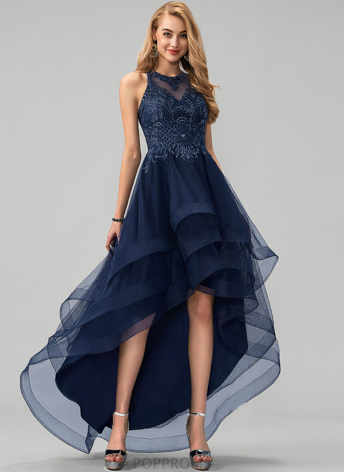 Scoop Asymmetrical Neck Prom Dresses Tulle Ball-Gown/Princess Lace Sequins Pearl Beading With