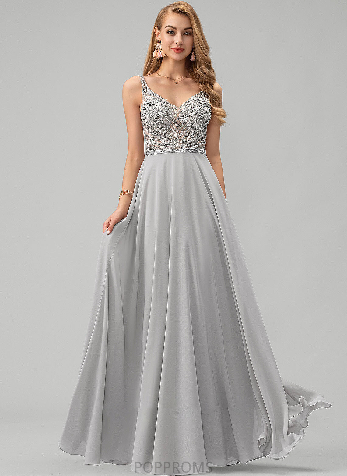 A-Line With Prom Dresses V-neck Beading Heidy Floor-Length Sequins Chiffon