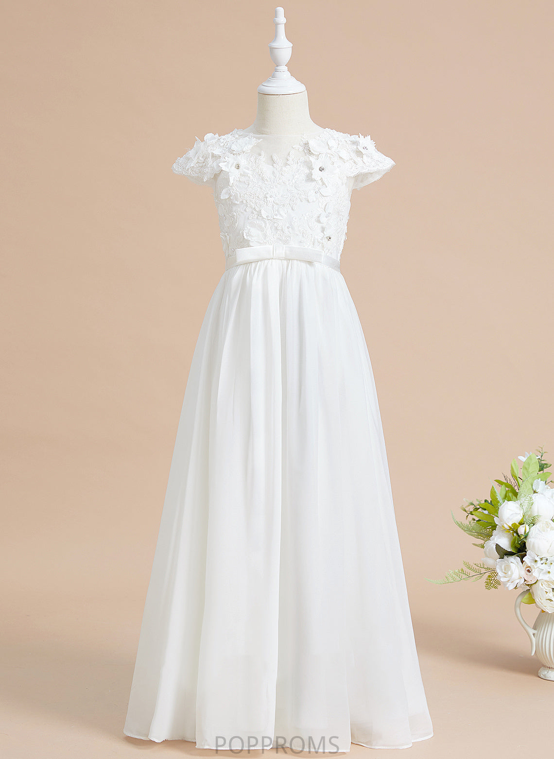 Flower Flower(s) Floor-length A-Line Amari Chiffon/Lace With Scoop Neck Short Girl Sleeves Dress - Flower Girl Dresses